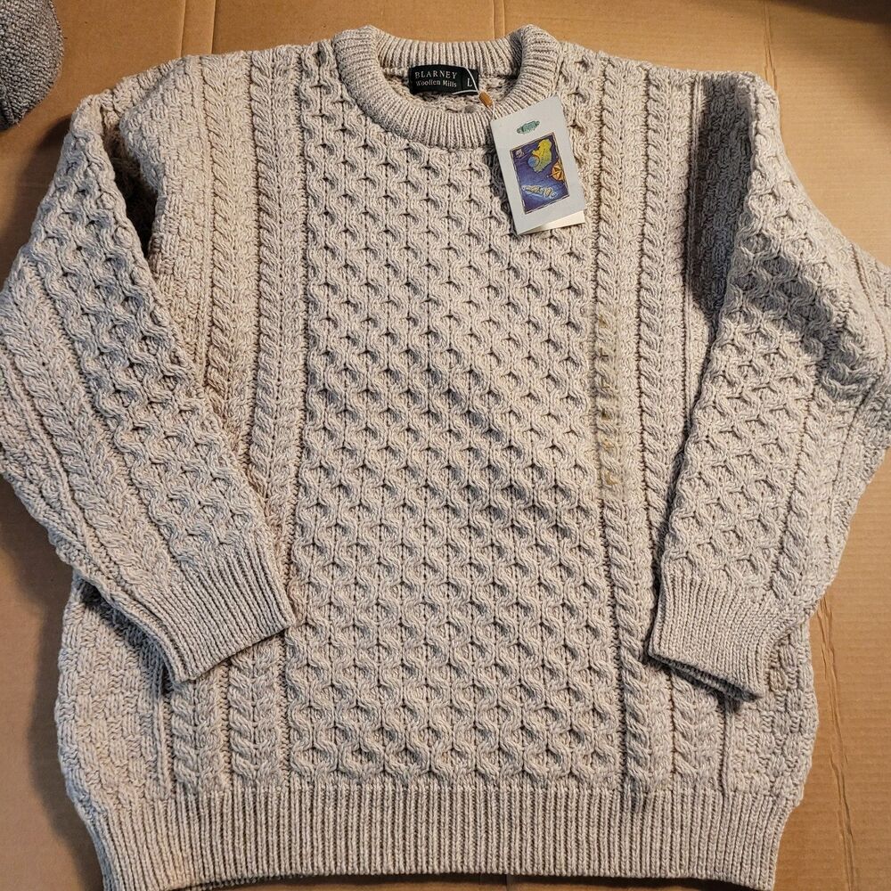 Blarney Woollen Mills Sweater Mens Large Merino Wool Cable Knit Tan NEW NWT